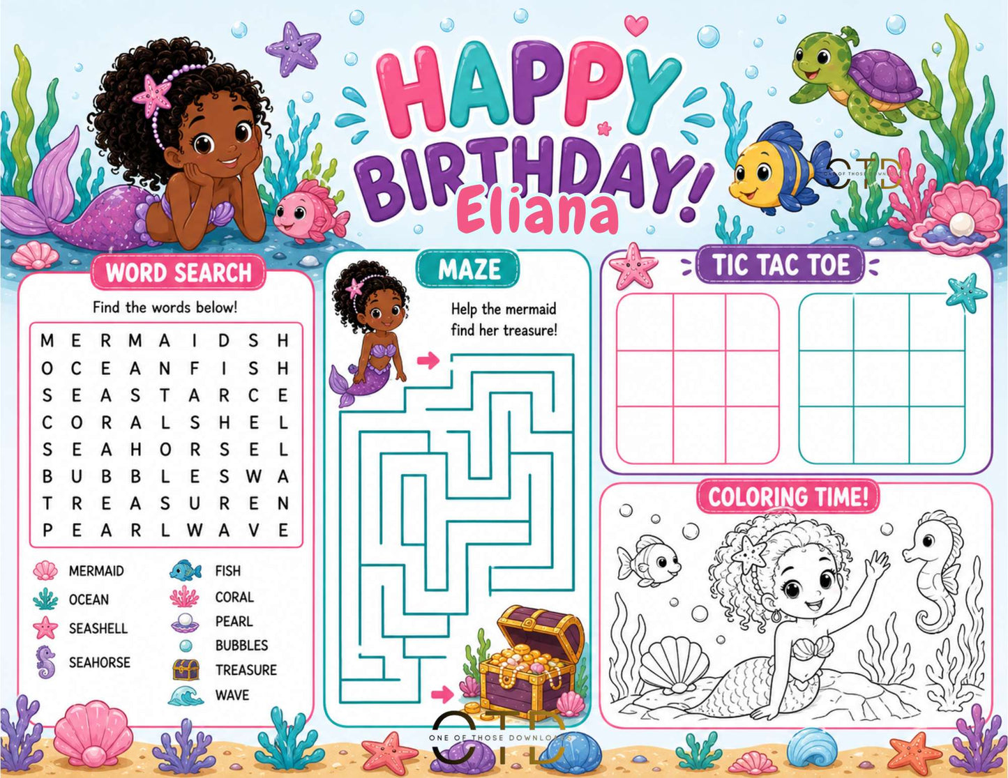 Mermaid Birthday Activity Sheet Template #2 | Editable in Canva | 8.5" x 11" Digital Download