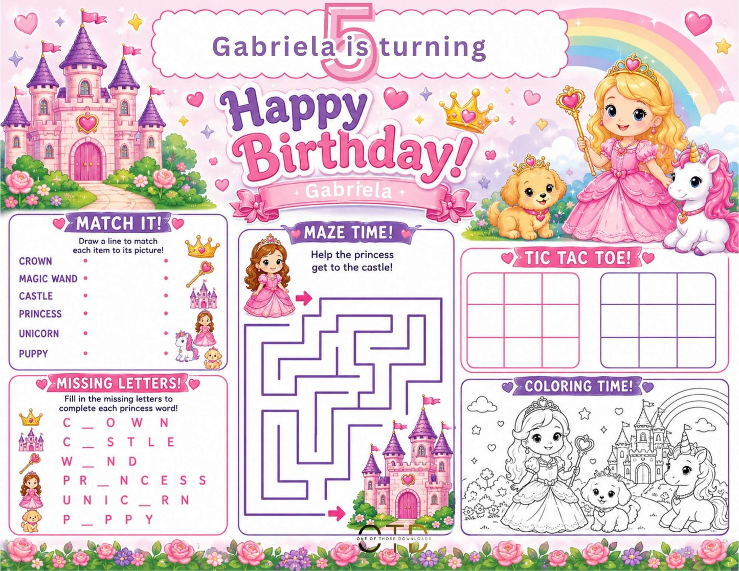 Little Princess Party Activity Sheet Template | Editable in Canva | 8.5" x 11" Digital Download