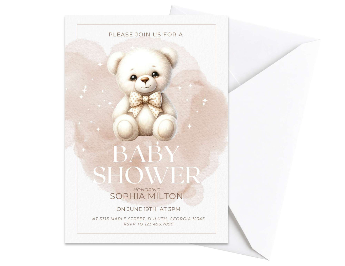 Natural Teddy Bear Baby Shower Invitation | Instant Download