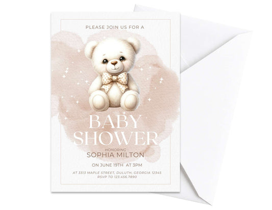 Natural Teddy Bear Baby Shower Invitation | Instant Download