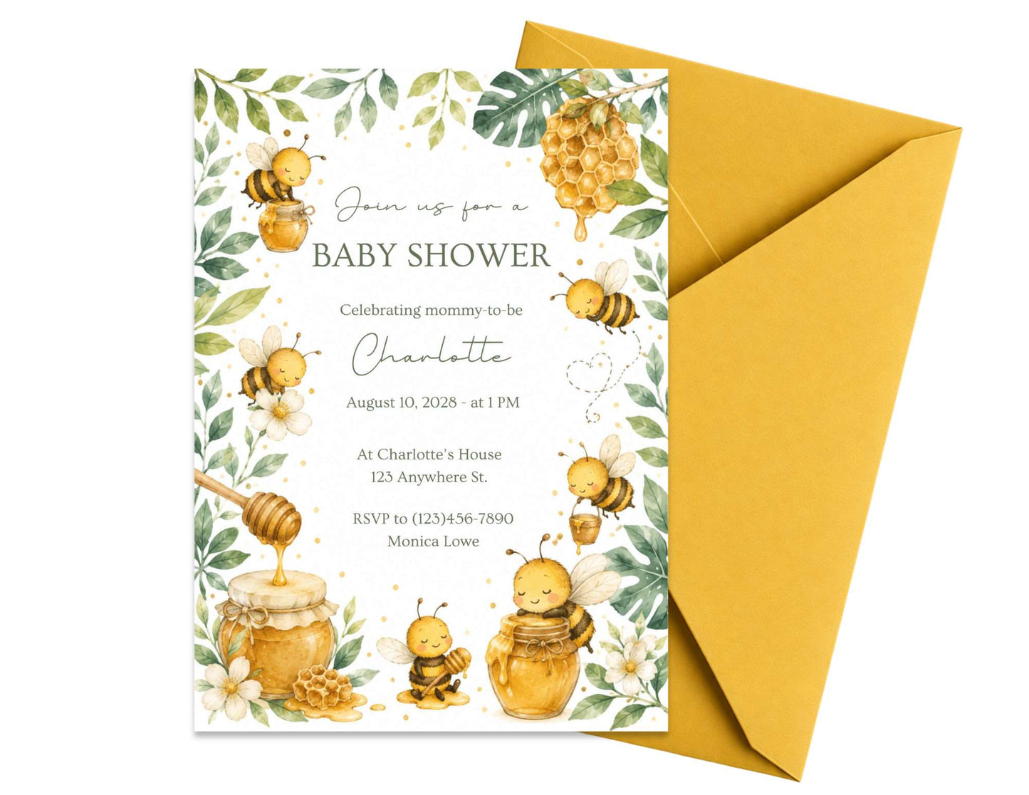 Honey Bee Baby Shower Invitation Template | Editable in Canva | 5" x 7" Digital Download
