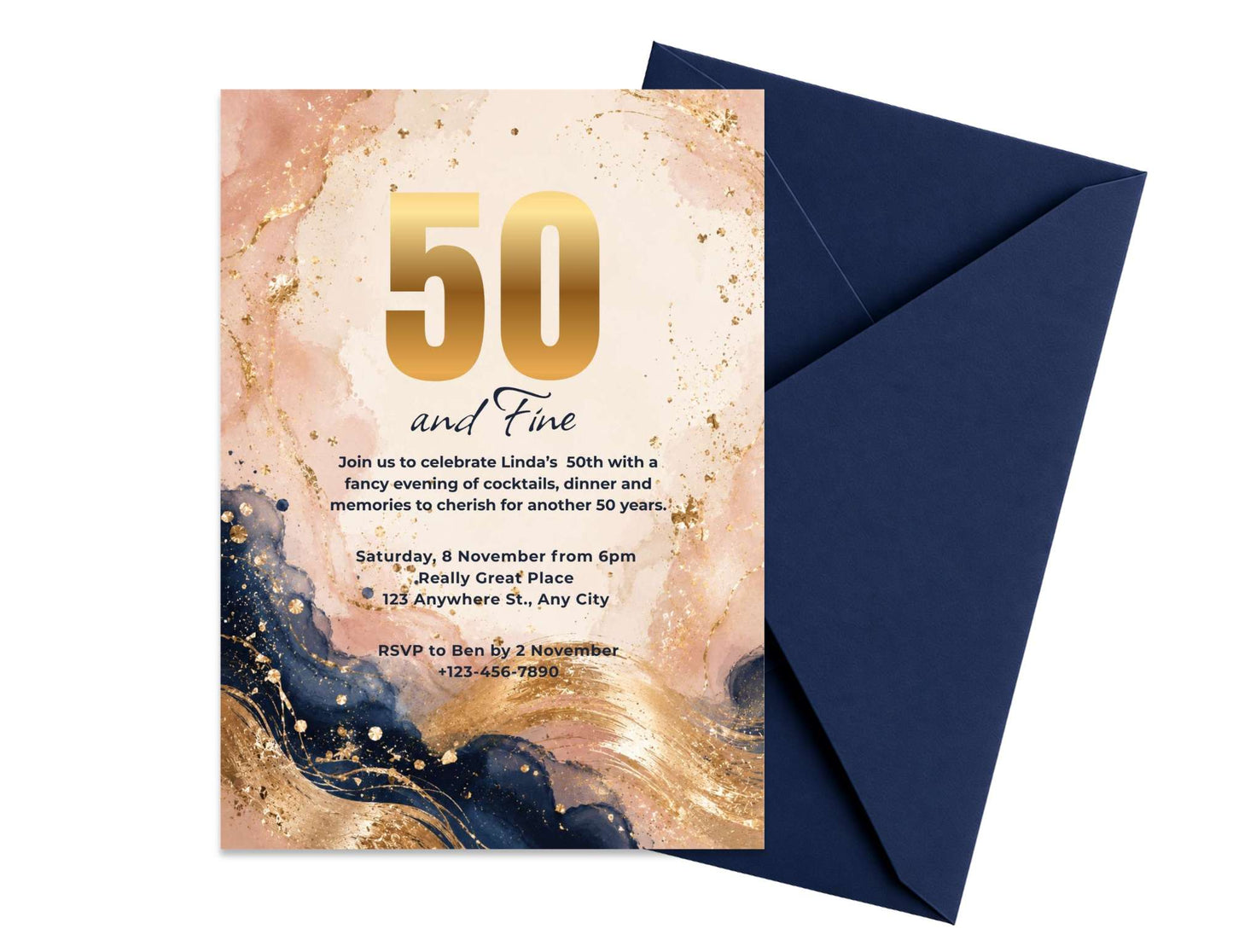 Navy & Gold Birthday Invitation Template | Editable in Canva | 5" x 7" Digital Download