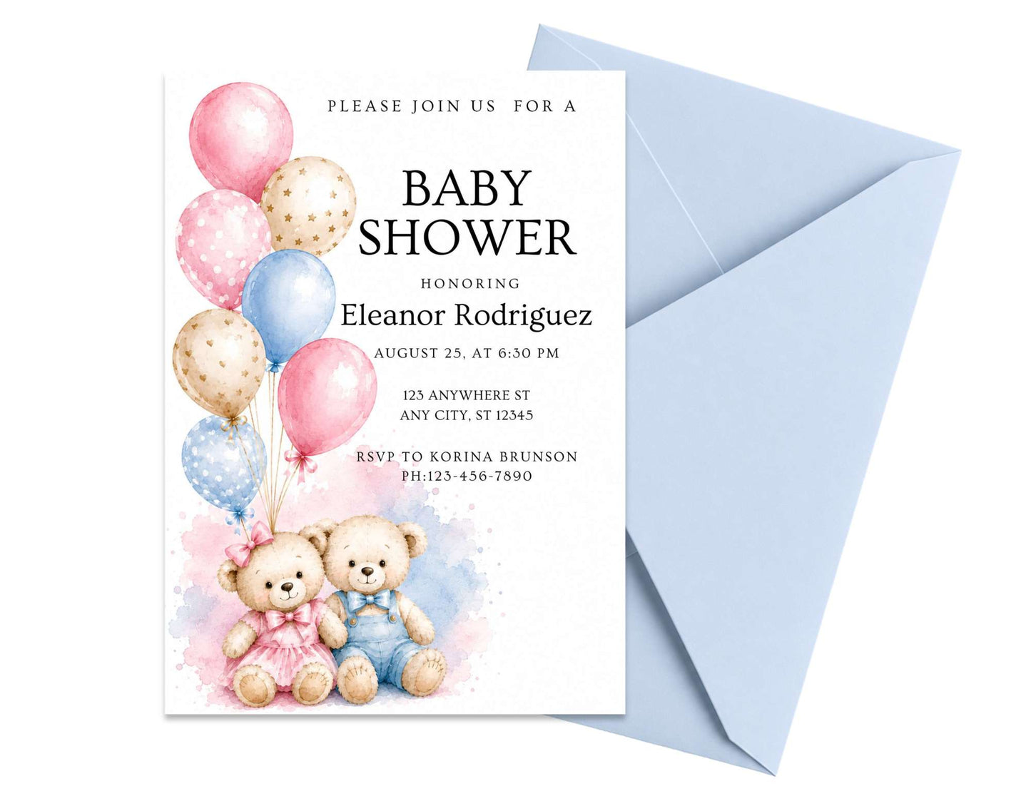 Teddy Bear Baby Shower Invitation Template | Editable in Canva | 5" x 7" Digital Download