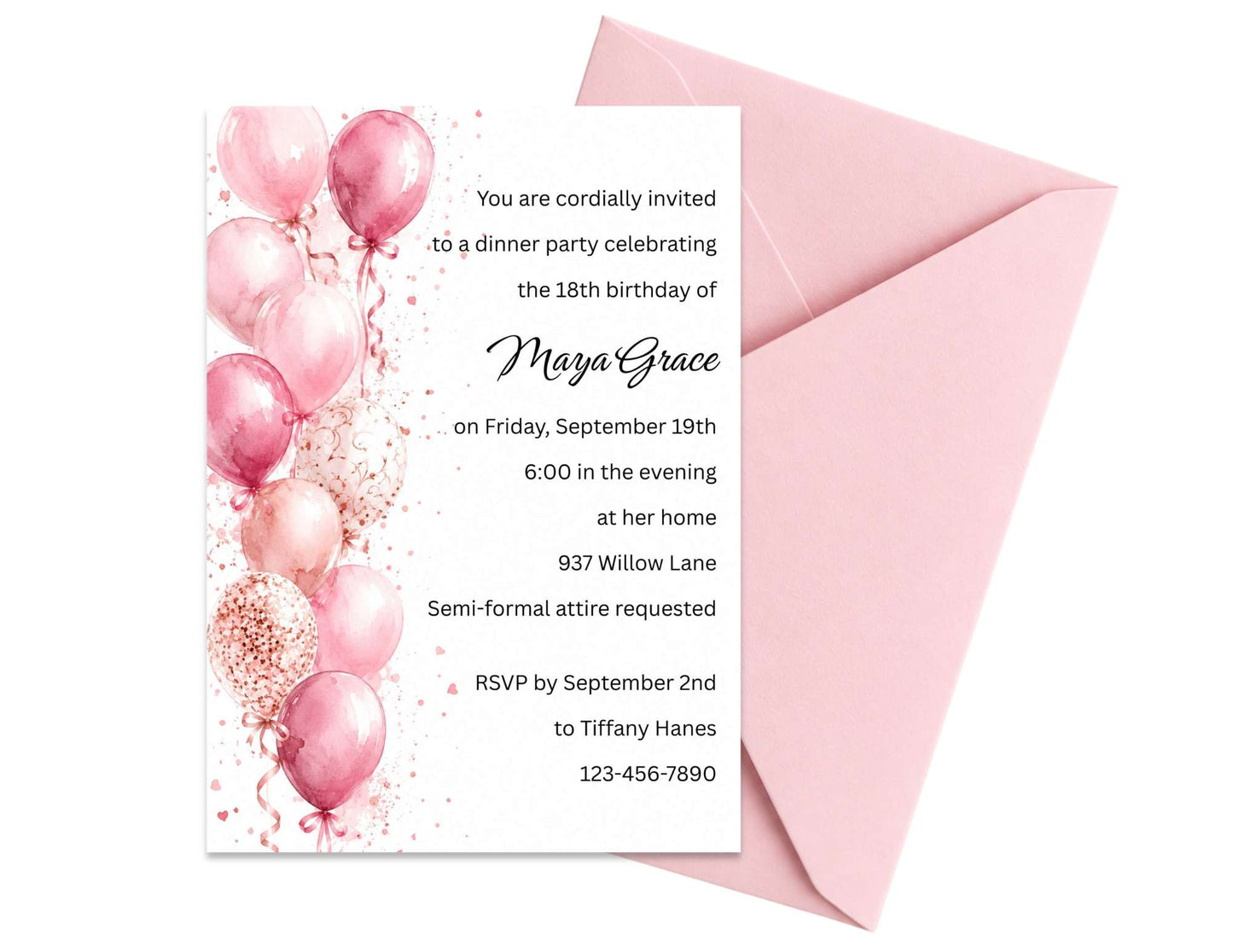 Pink Balloons Birthday Invitation Template | 5" x 7" Digital Download