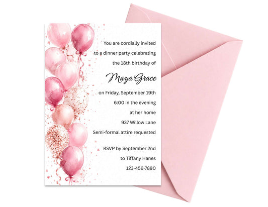 Pink Balloons Birthday Invitation Template | 5" x 7" Digital Download