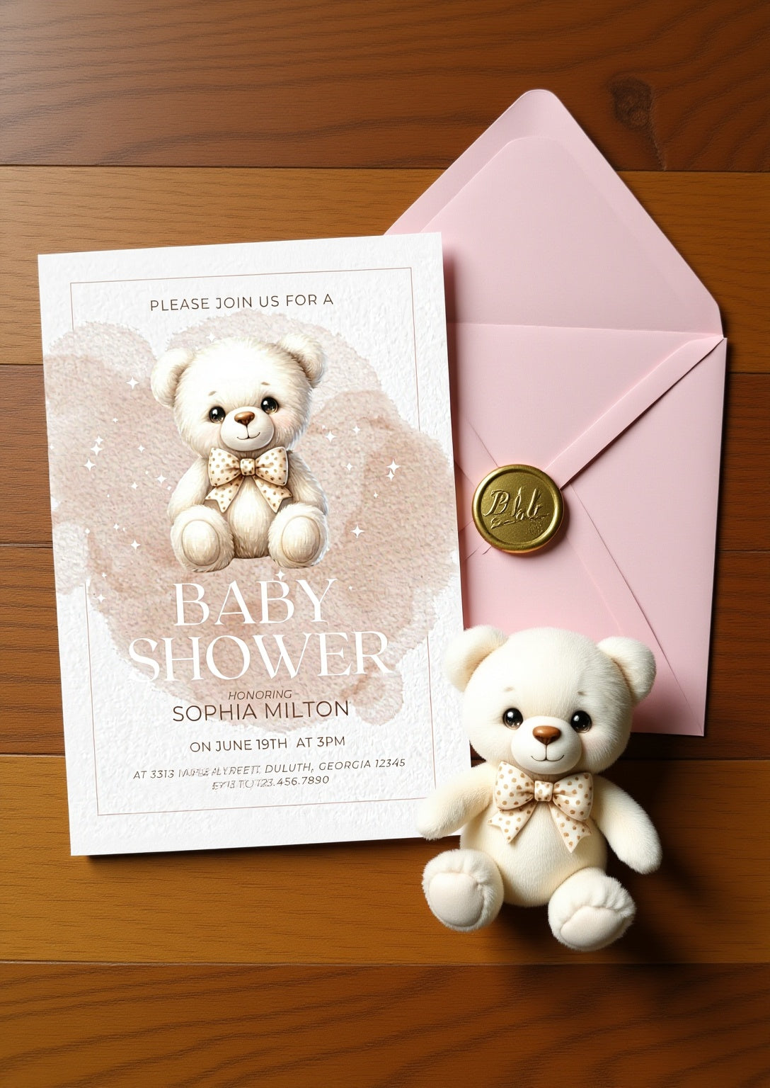 Natural Teddy Bear Baby Shower Invitation | Instant Download