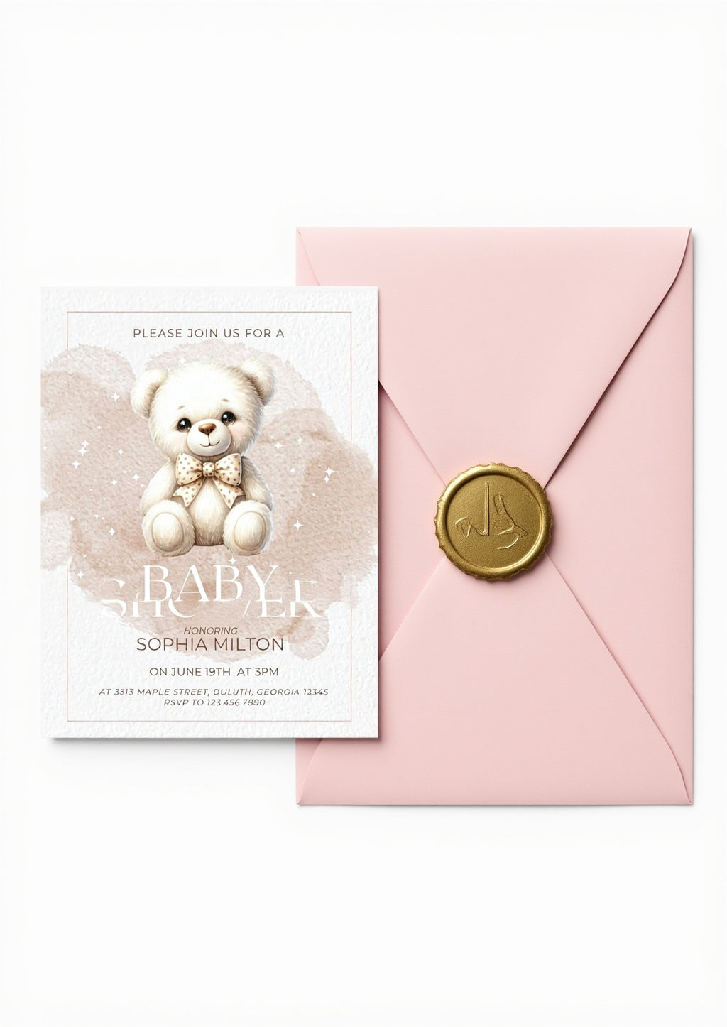 Natural Teddy Bear Baby Shower Invitation | Instant Download