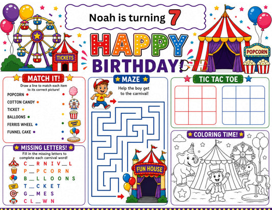 Carnival Party Activity Sheet Template | Editable in Canva | 8.5" x 11" Digital Download