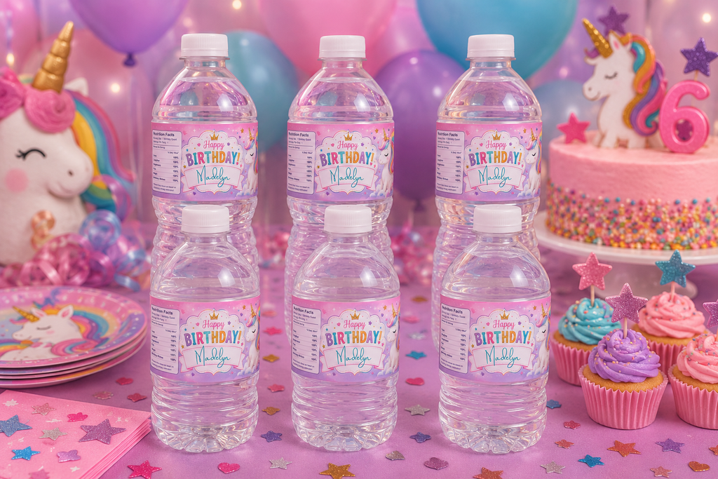 Unicorn Birthday Water Bottle Label Template | Digital Download