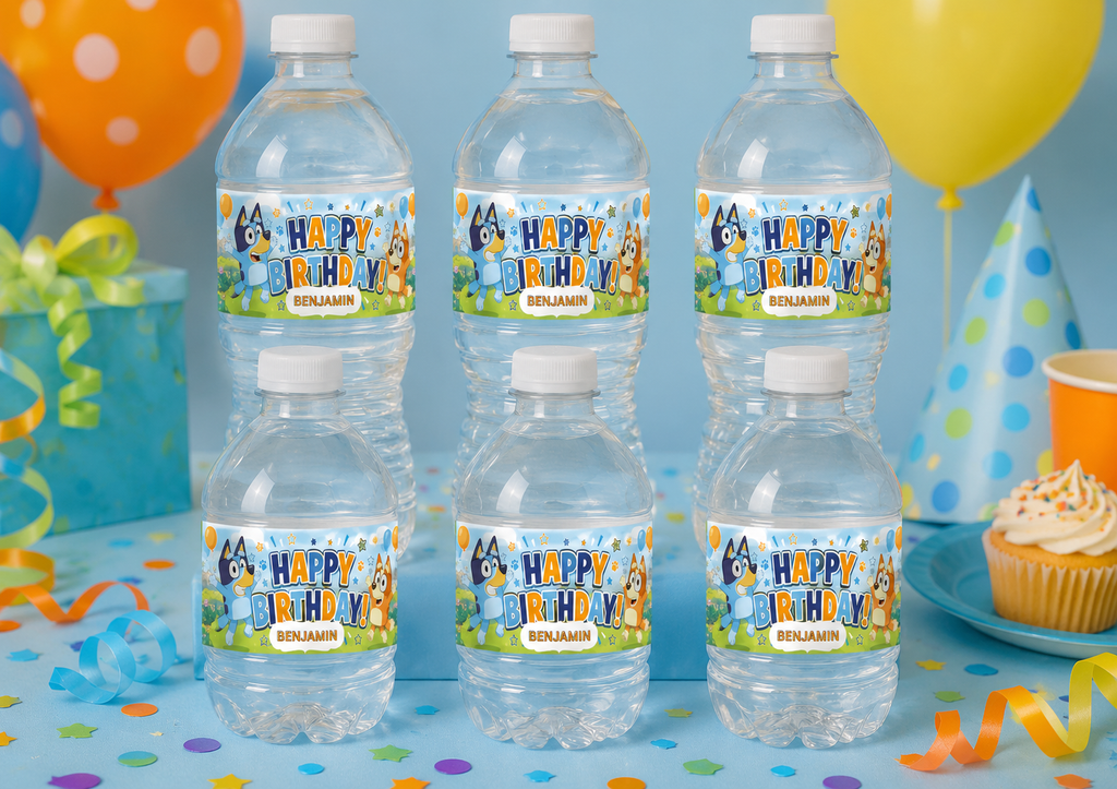 Blue Heeler Puppy Birthday Water Bottle Label Template | Digital Download