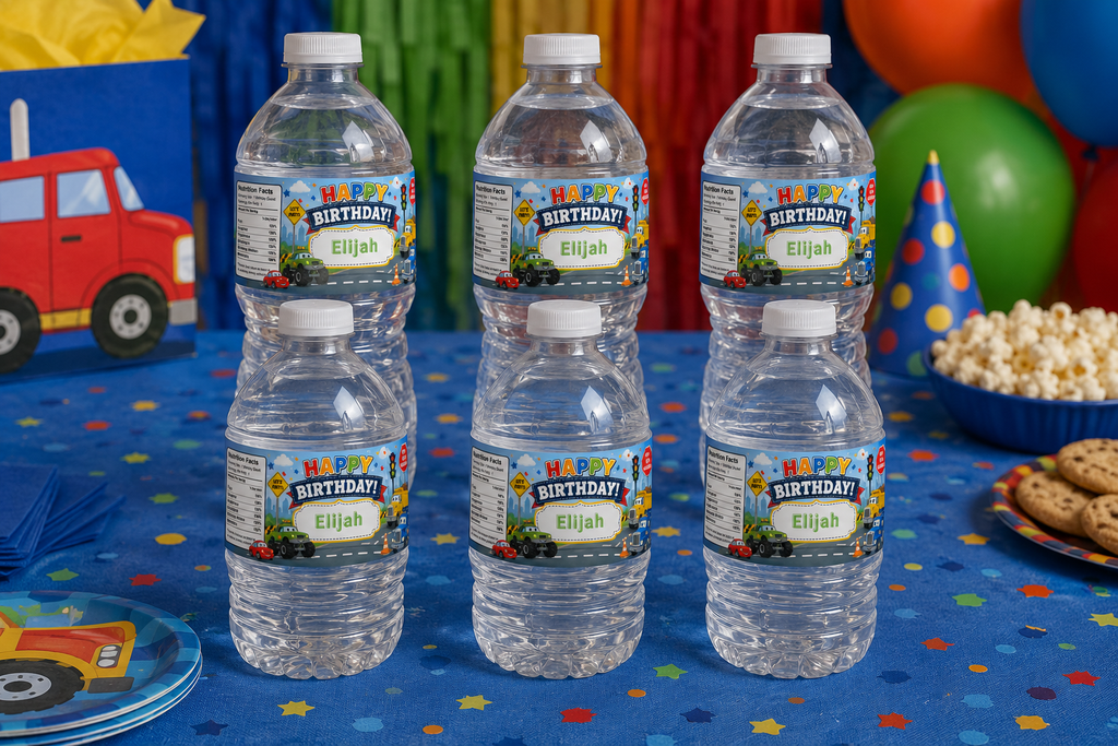 Cars & Trucks Birthday Water Bottle Label Template | Digital Download