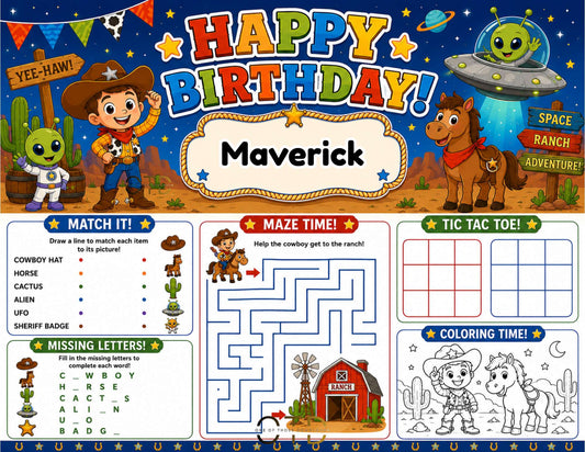 Cowboy & Aliens Party Activity Sheet Template | Editable in Canva | 8.5" x 11" Digital Download
