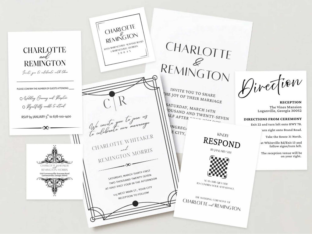Gatsby Invitation Suite, Personalize Wedding Invitations, RSVP and Direction Cards, Downloads
