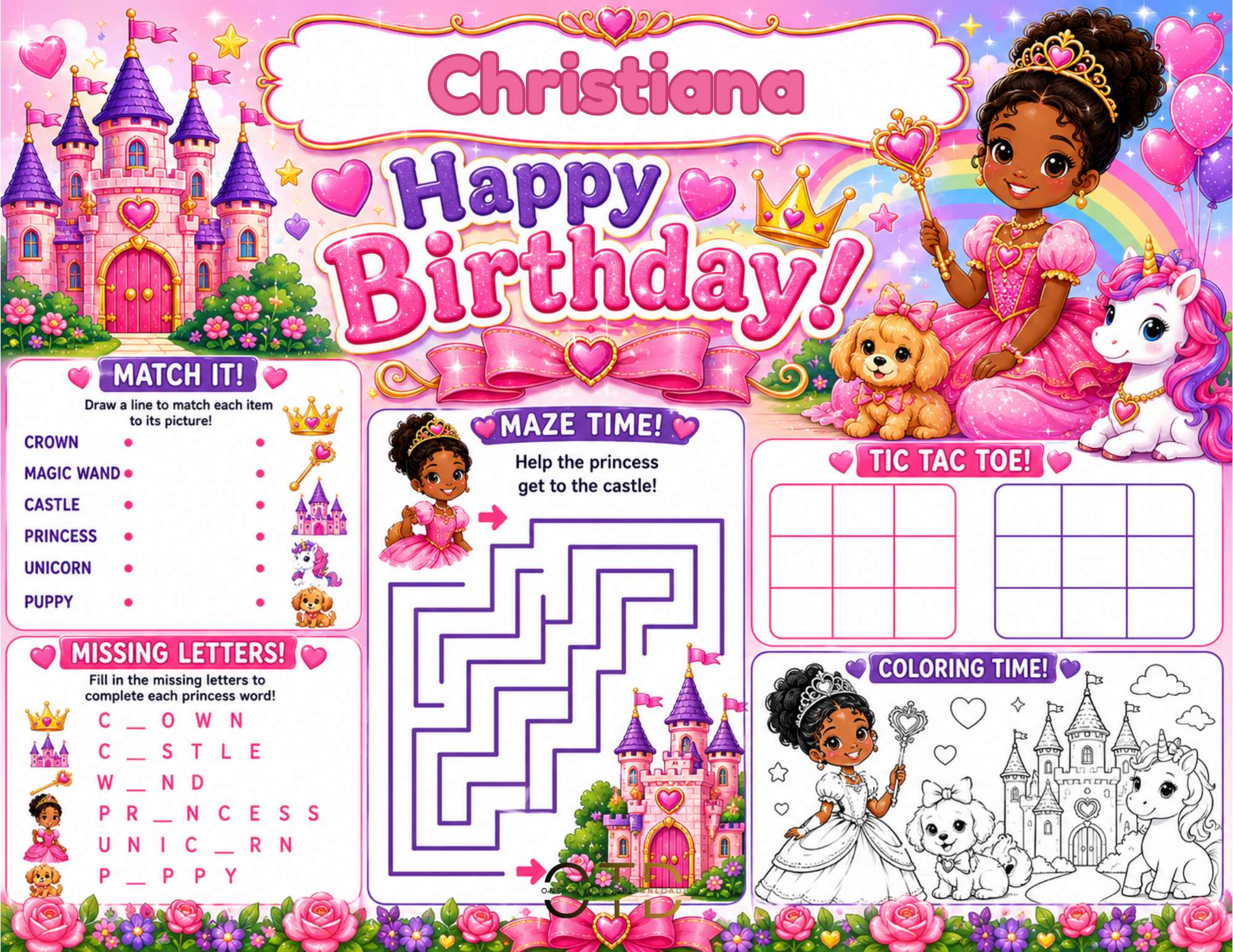 Glam Princess Party Activity Sheet Template | Editable in Canva | 8.5" x 11" Digital Download
