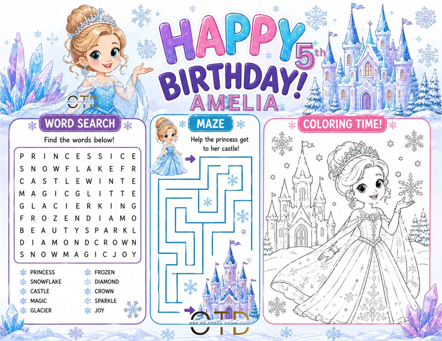 Ice Princess & Castle Activity Sheet Template | Editable in Canva | 8.5" x 11" Digital Download