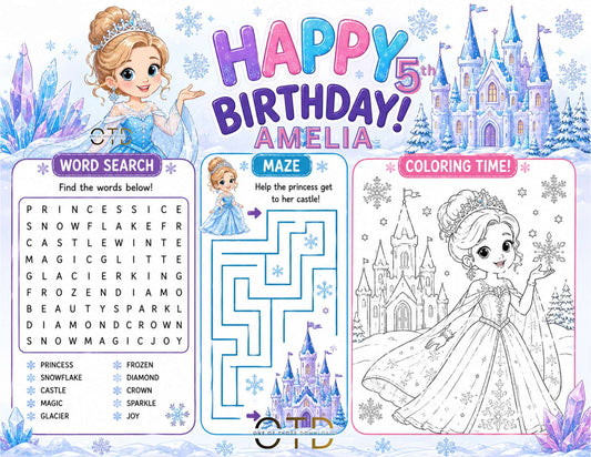 Ice Princess & Castle Activity Sheet Template | Editable in Canva | 8.5" x 11" Digital Download