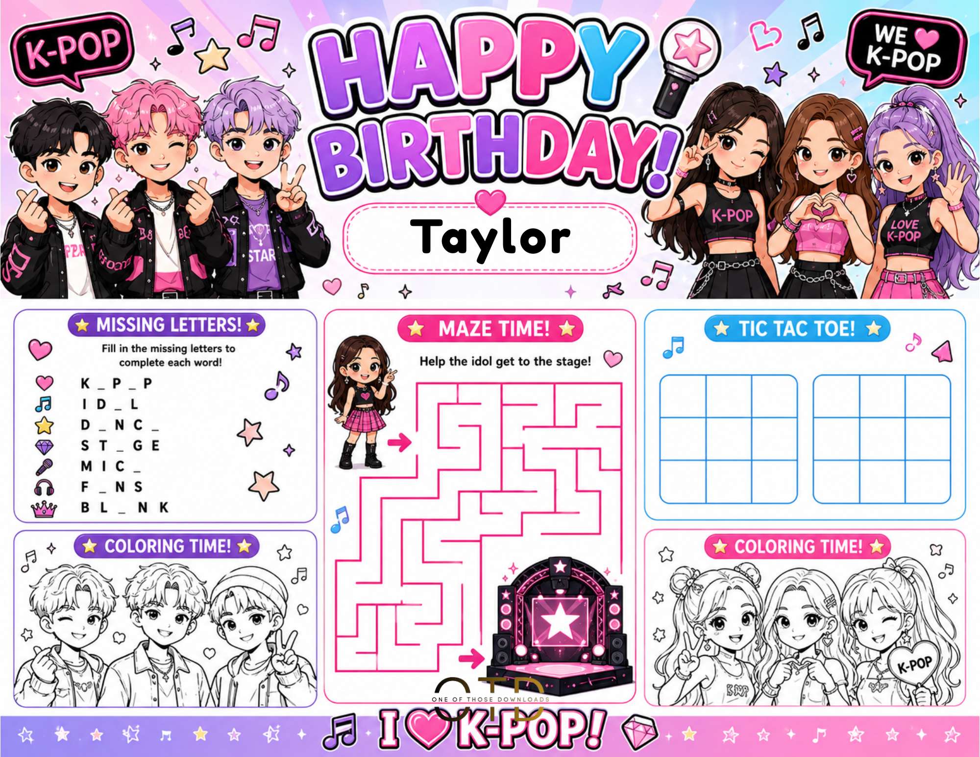 K-Pop Party Activity Sheet Template | Editable in Canva | 8.5" x 11" Digital Download