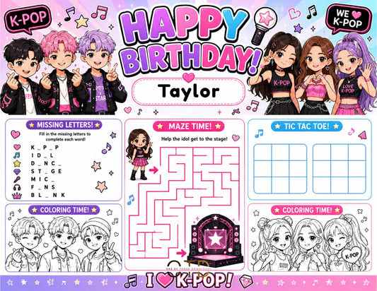 K-Pop Party Activity Sheet Template | Editable in Canva | 8.5" x 11" Digital Download