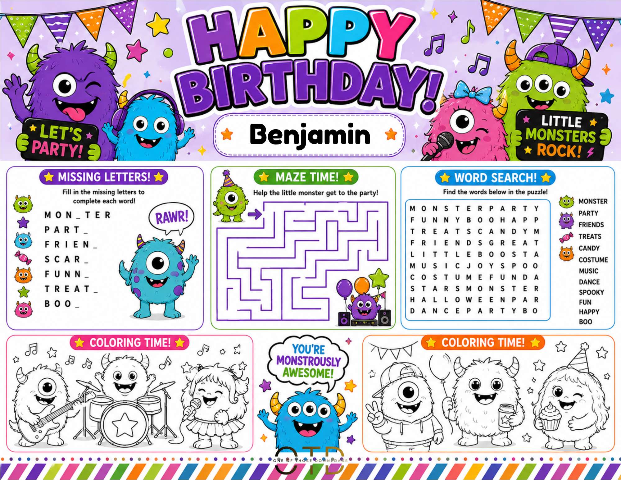 Little Monsters Party Activity Sheet Template | Editable in Canva | 8.5" x 11" Digital Download