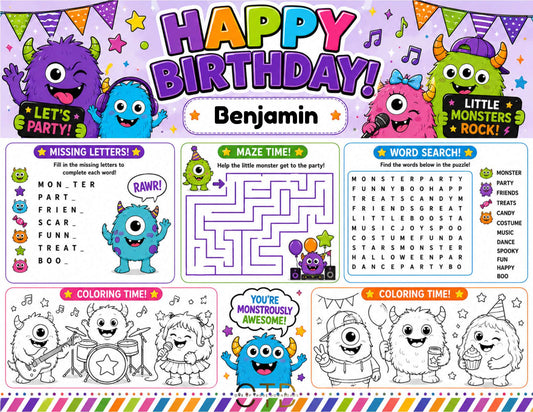 Little Monsters Party Activity Sheet Template | Editable in Canva | 8.5" x 11" Digital Download