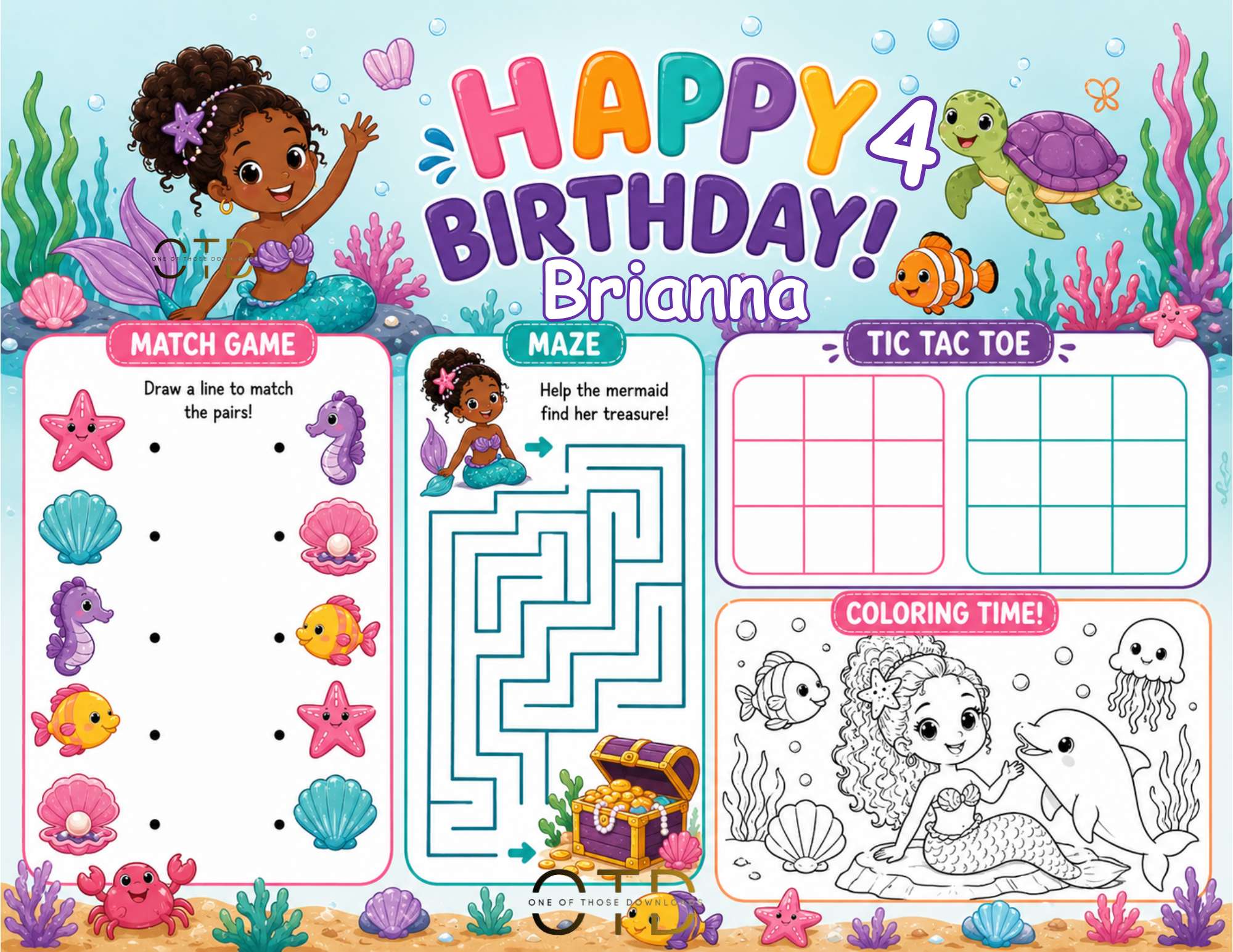 Mermaid Birthday Activity Sheet Template #1 | Editable in Canva | 8.5" x 11" Digital Download