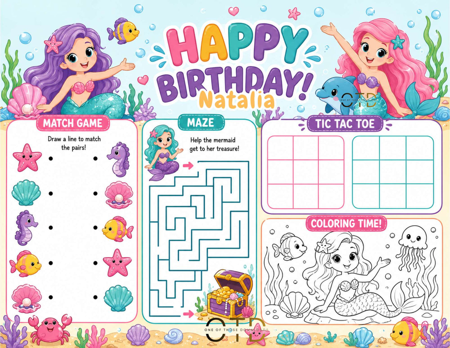 Mermaid Birthday Activity Sheet Template #3 | Editable in Canva | 8.5" x 11" Digital Download