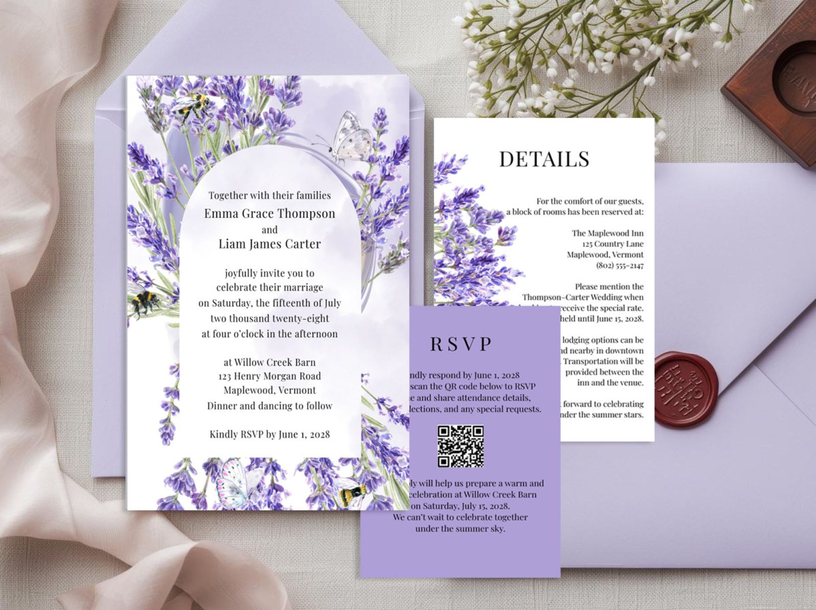 Editable Wedding Invitation | Rustic Invite Template | Purple & White | Digital Download
