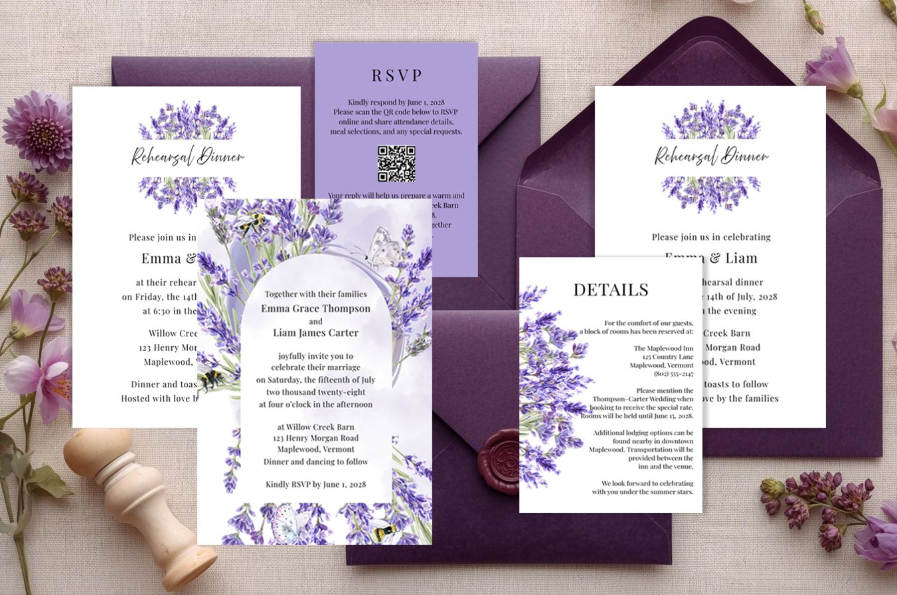 Editable Wedding Invitation | Rustic Invite Template | Purple & White | Digital Download