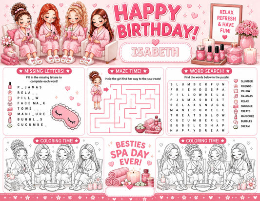 Spa Sleepover Party Activity Sheet Template #2 | Editable in Canva | 8.5" x 11" Digital Download