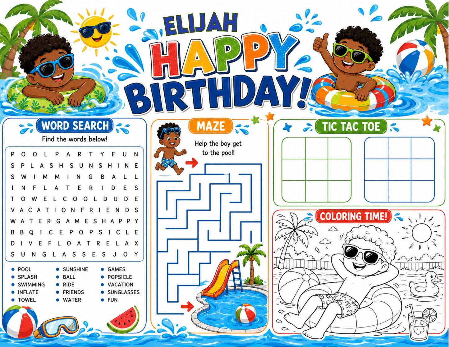 Pool Party Activity Sheet Template | Editable in Canva | 8.5" x 11" Digital Download