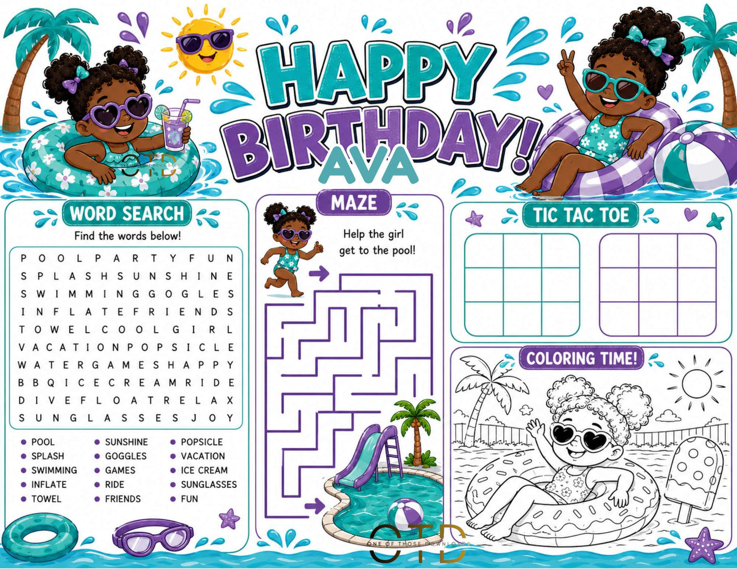 Pool Party Activity Sheet Template #2 | Editable in Canva | 8.5" x 11" Digital Download