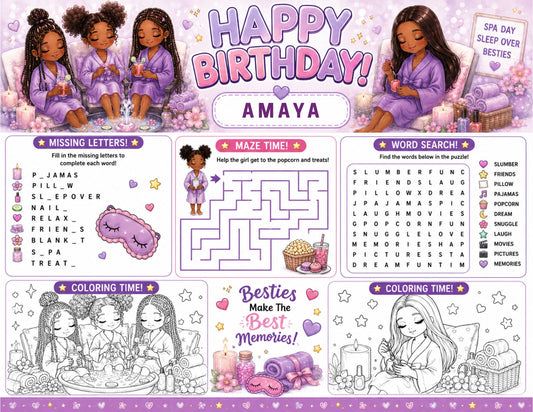 Purple Spa Party Activity Sheet Template | Editable in Canva | 8.5" x 11" Digital Download
