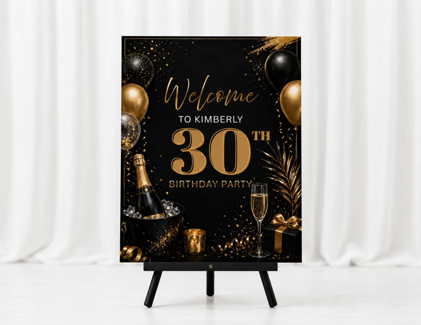 Gold & Black Birthday Welcome Sign Template | Editable in Canva | 18" x 24" Digital Download