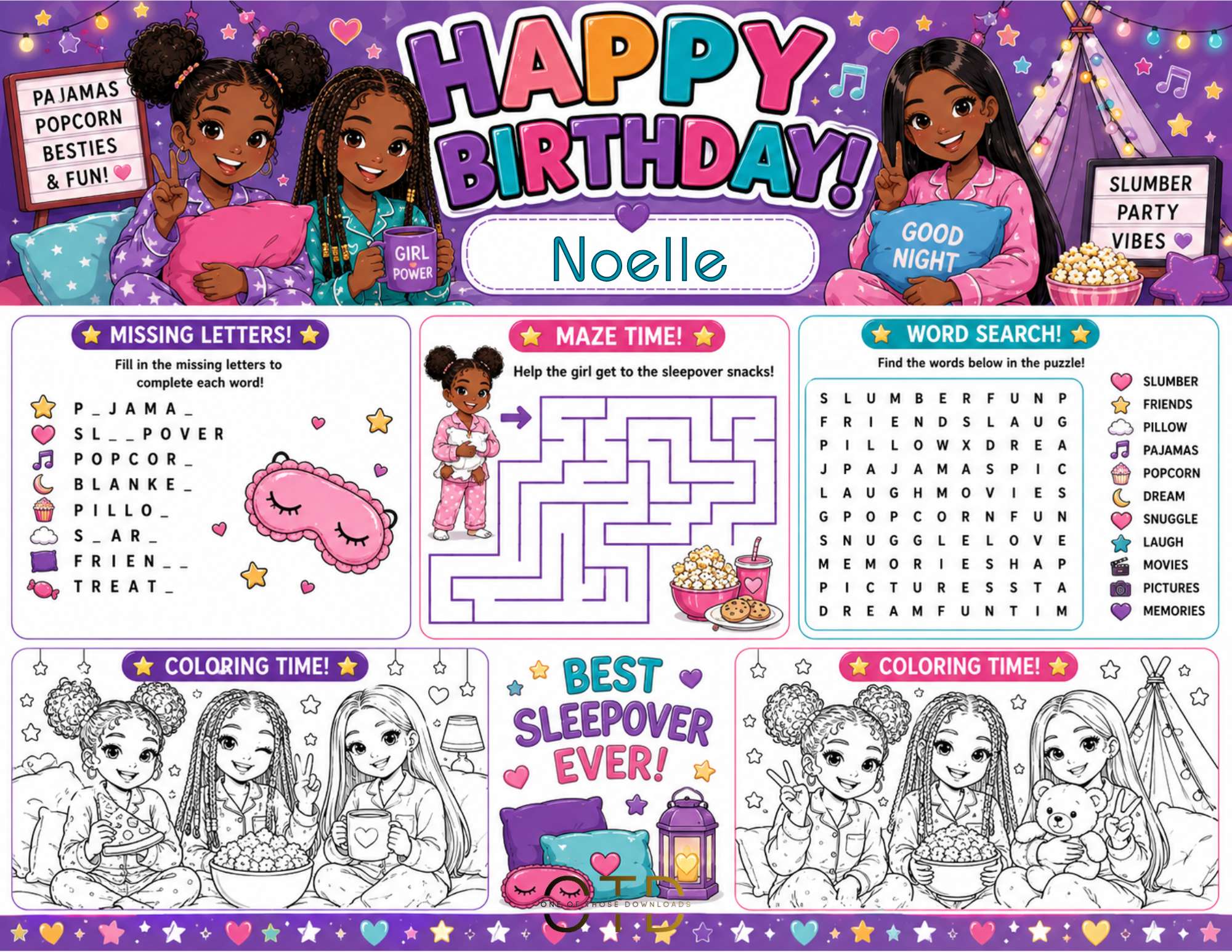 Sleepover Party Activity Sheet Template | Editable in Canva | 8.5" x 11" Digital Download