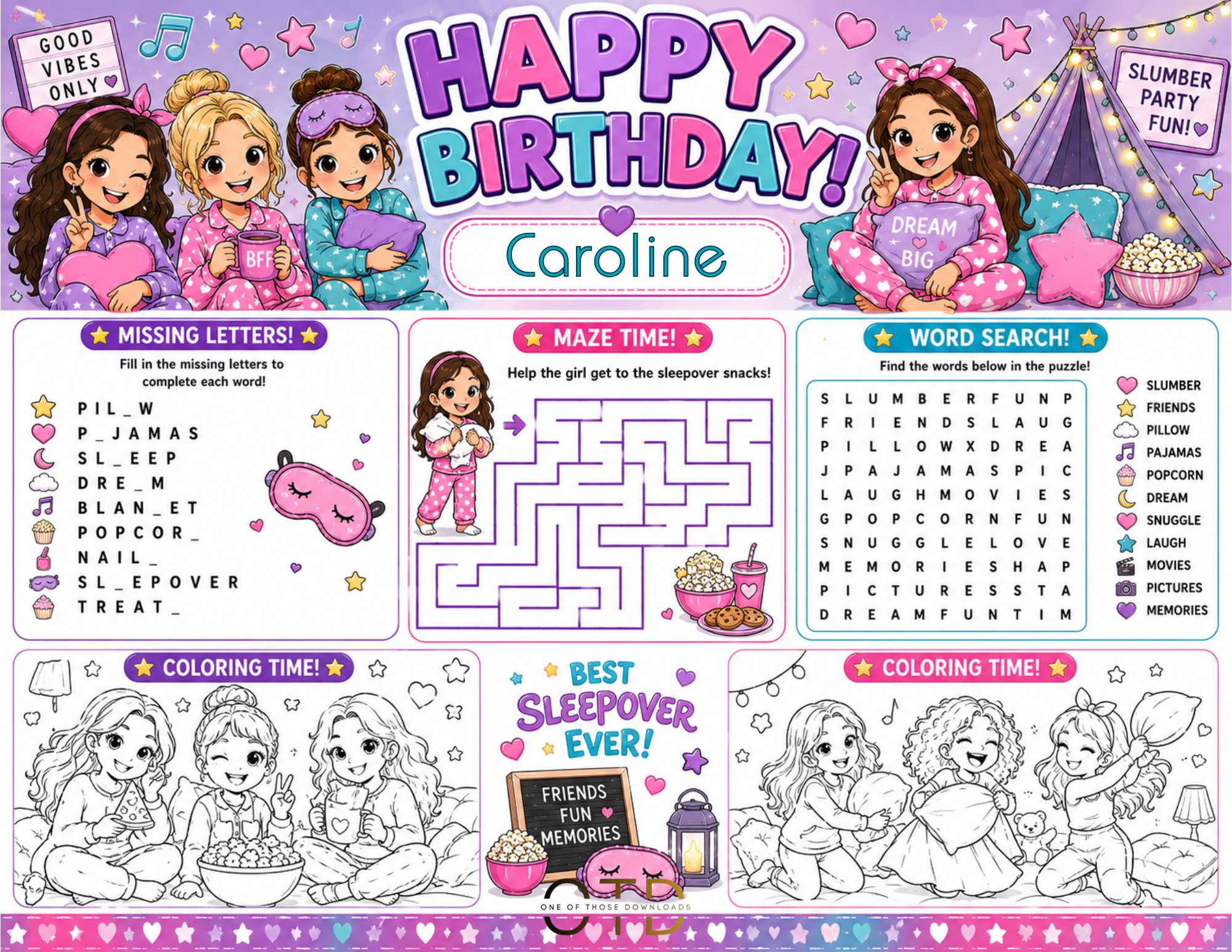 Sleepover Party Activity Sheet Template #2 | Editable in Canva | 8.5" x 11" Digital Download