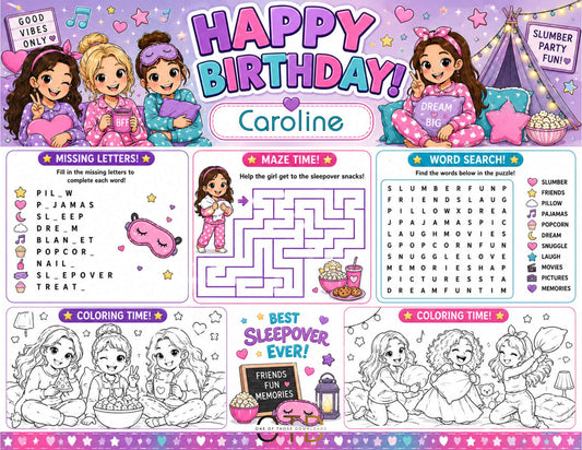 Sleepover Party Activity Sheet Template #2 | Editable in Canva | 8.5" x 11" Digital Download