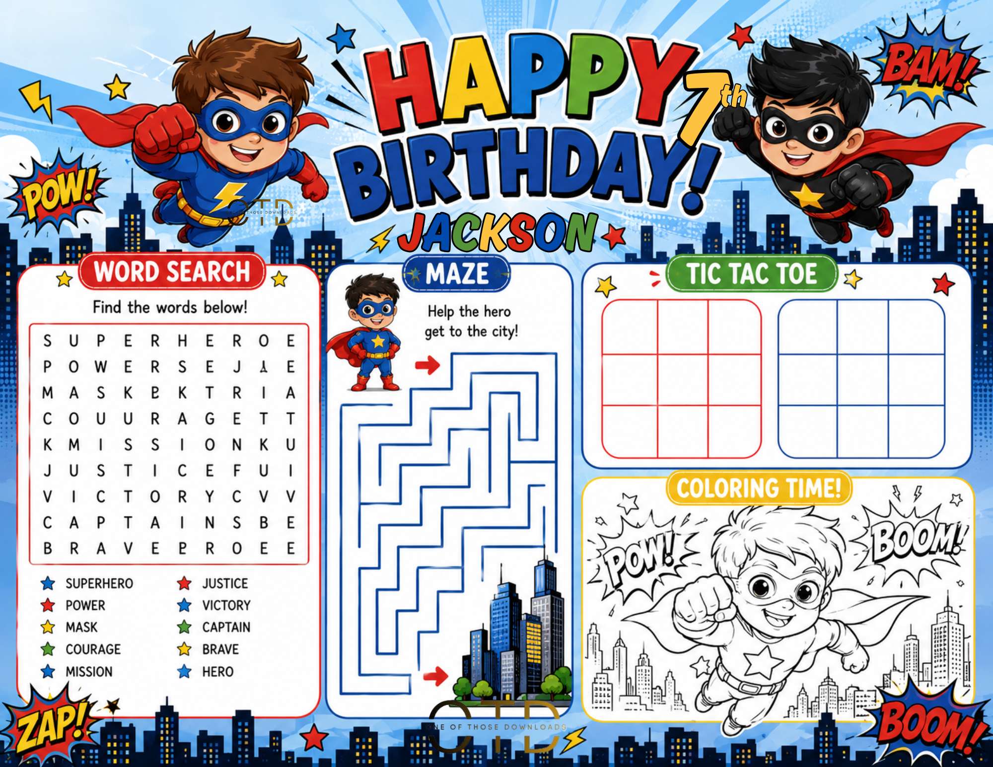 Superhero Birthday Activity Sheet Template #2 | Editable in Canva | 8.5" x 11" Digital Download