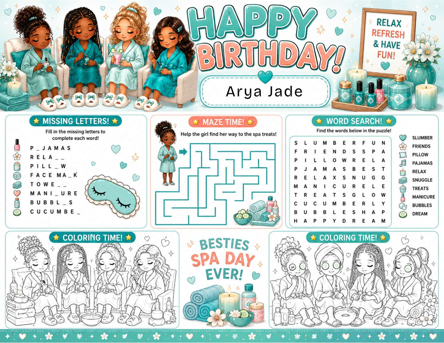 Spa Sleepover Party Activity Sheet Template | Editable in Canva | 8.5" x 11" Digital Download