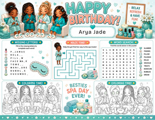 Spa Sleepover Party Activity Sheet Template | Editable in Canva | 8.5" x 11" Digital Download