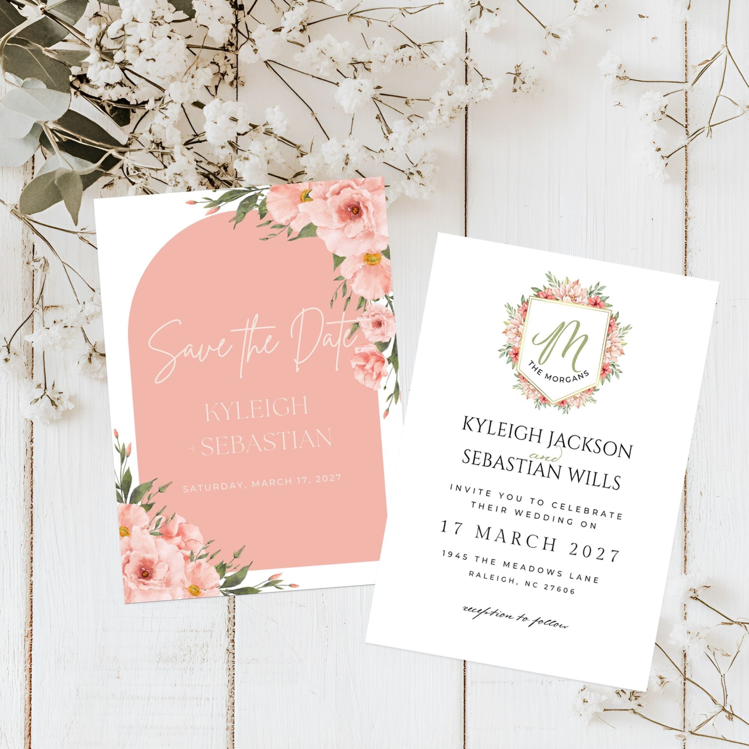 Editable Wedding Invitation, Rustic Peach Floral Monogram, Digital Download
