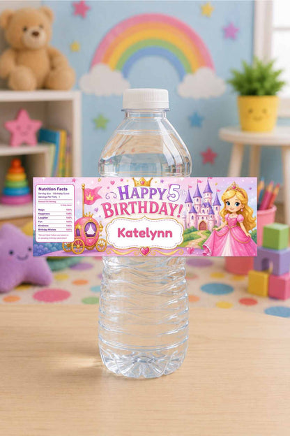 Water bottle with a birthday-themed label featuring a princess design in a colorful room.