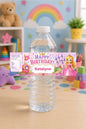 Water bottle with a birthday-themed label featuring a princess design in a colorful room.
