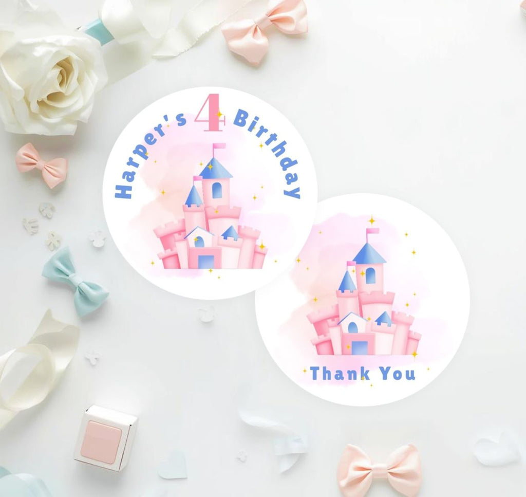 Birthday Label Template | Personalized Stickers | Pink Castle | Editable Favor Labels