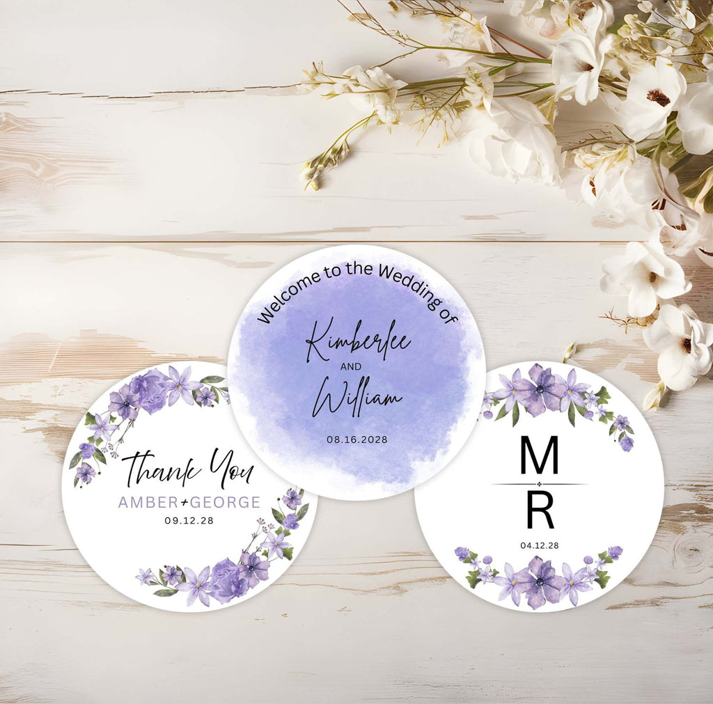 Purple Floral Monogram Label, Personalized Name Sticker, Thank You Labels, Wedding Favor Stickers
