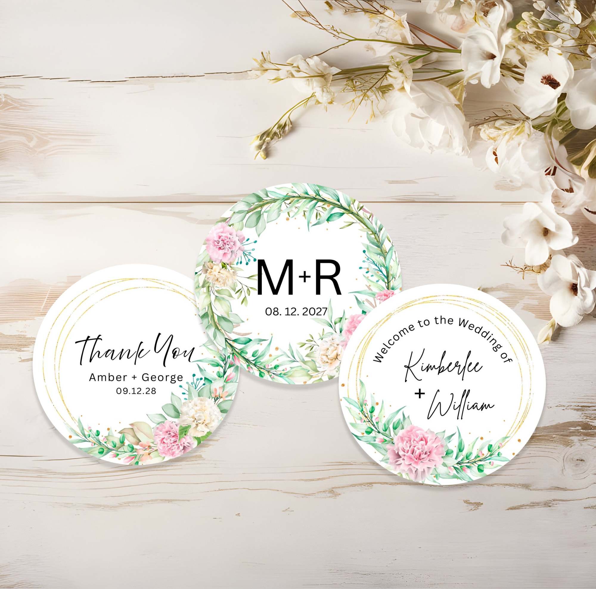 Floral Wreath Personalized Name Labels, Thank You Labels, Wedding Favor Stickers, Set of 3