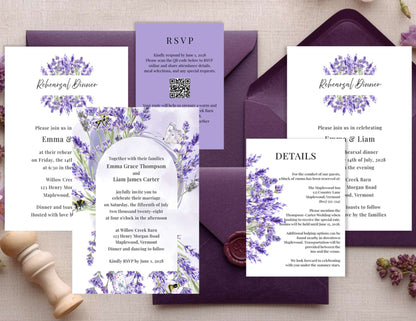 Editable Wedding Invitation | Rustic Invite Template | Purple & White | Digital Download