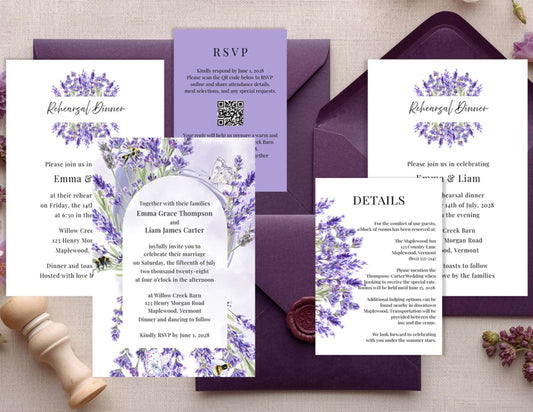 Editable Wedding Invitation | Rustic Invite Template | Purple & White | Digital Download