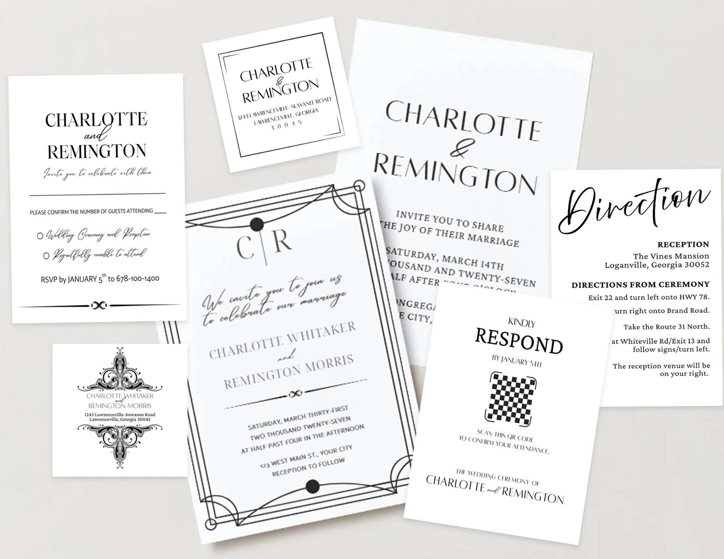 Gatsby Invitation Suite, Personalize Wedding Invitations, RSVP and Direction Cards, Downloads
