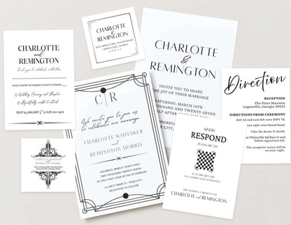 Gatsby Invitation Suite, Personalize Wedding Invitations, RSVP and Direction Cards, Downloads