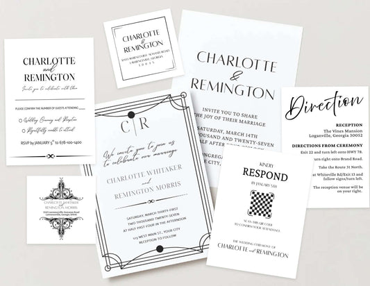 Gatsby Invitation Suite, Personalize Wedding Invitations, RSVP and Direction Cards, Downloads